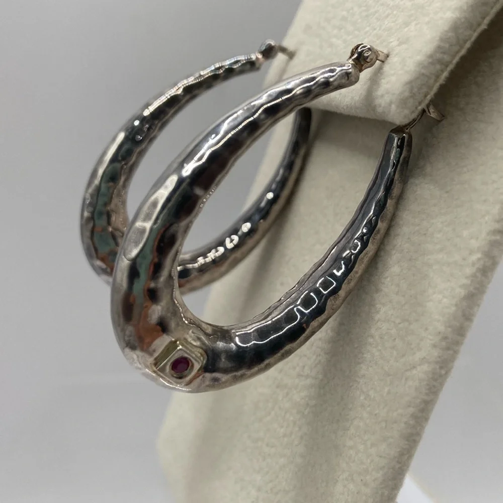 Elle Sterling Silver 925 Ruby Oval Hammered Earrings Pierced 1 3/4”L
